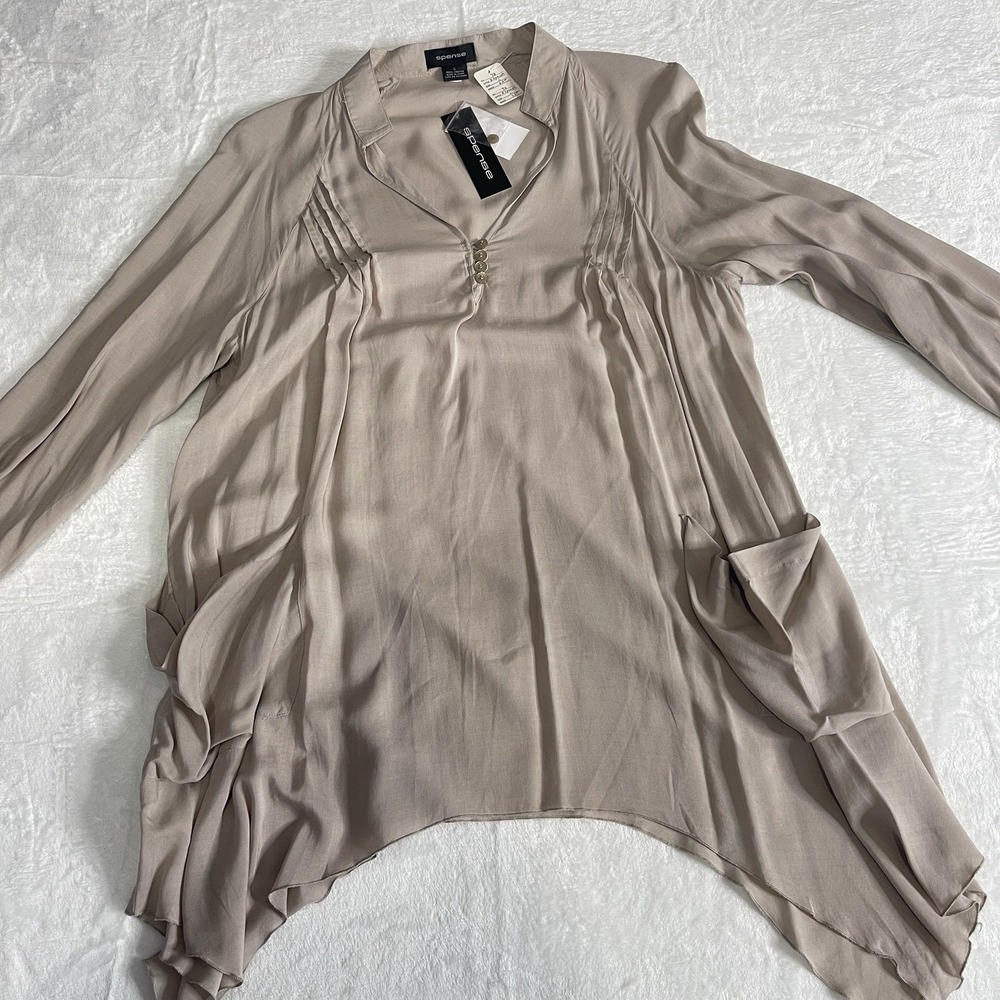 Spense Beige Large Top Front Pockets Button Sleeve Pleated Airy NWT 100% Viscose - Picture 12 of 12